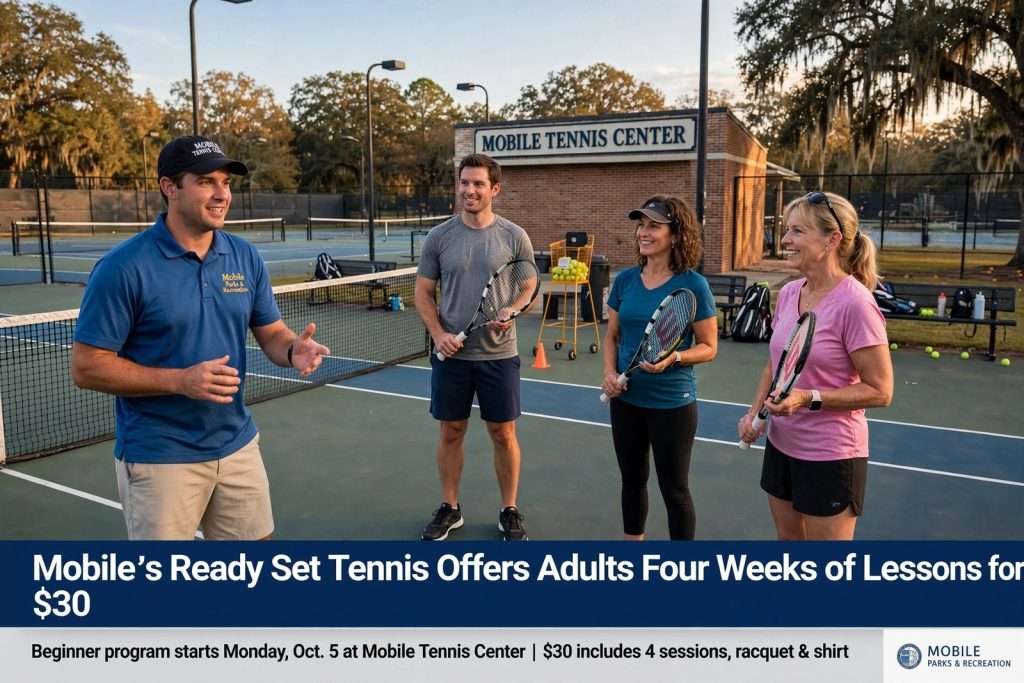 Illustration for the news story: Mobile’s Ready Set Tennis Offers Adults Four Weeks of Lessons for $30 Starting Oct. 5