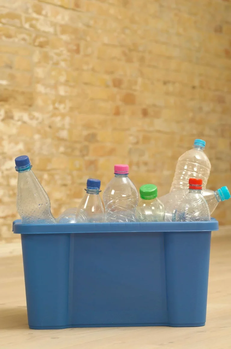 Plastic bottles piled in a blue recycling bin