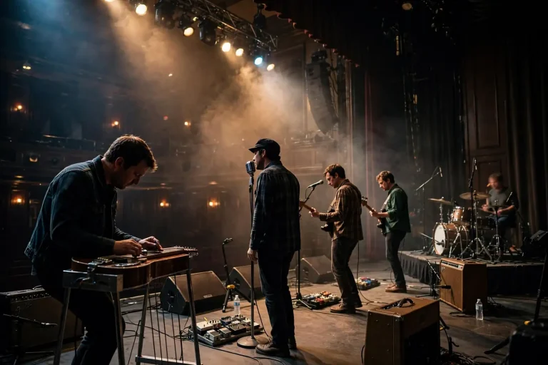The Red Clay Strays performing on a concert stage under warm stage lights