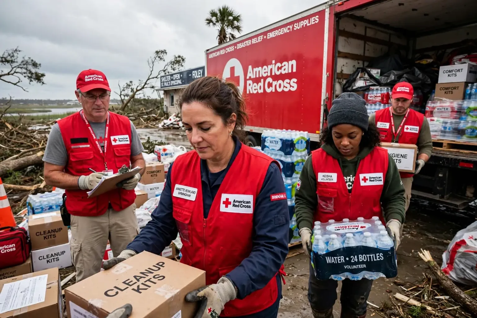 Red Cross volunteers in red vests unload boxes of emergency supplies from a trailer outside a shelter on the Alabama coast