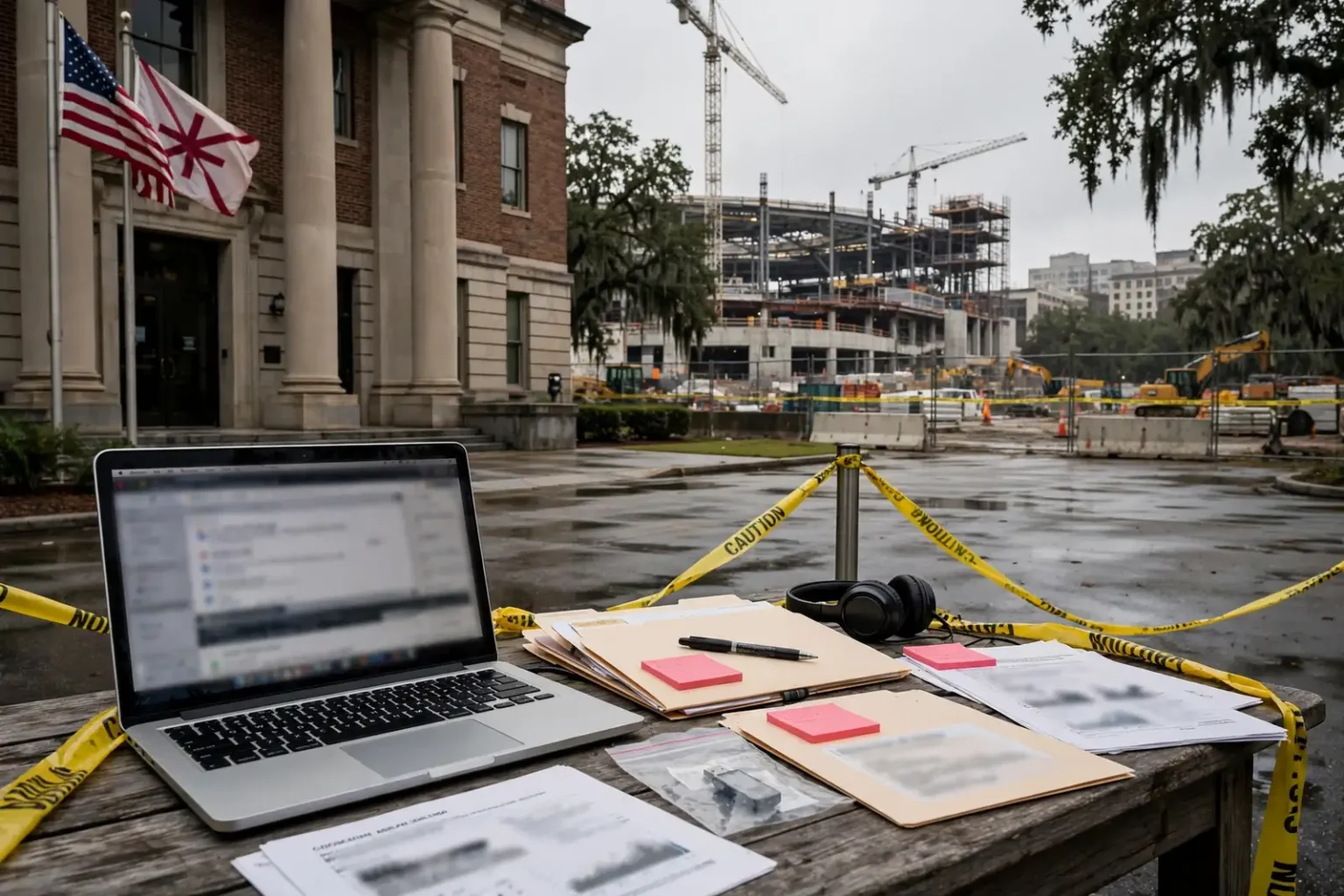 Construction cranes and steel framing at the Regions Arena site in downtown Mobile, Alabama