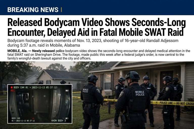 Illustration for the news story: Released Bodycam Video Shows Seconds-Long Encounter, Delayed Aid in Fatal Mobile SWAT Raid
