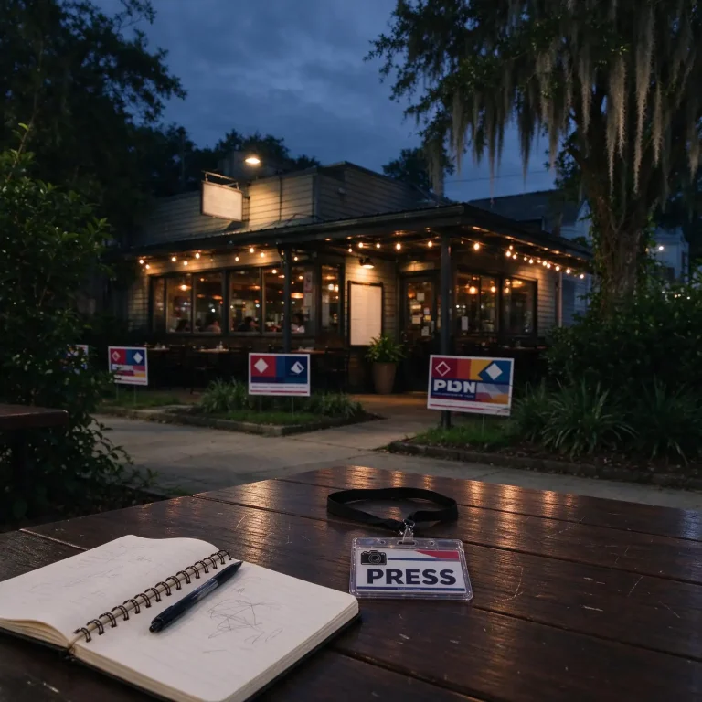Restaurant exterior at evening with campaign yard signs and a reporter's notebook and press badge on a table