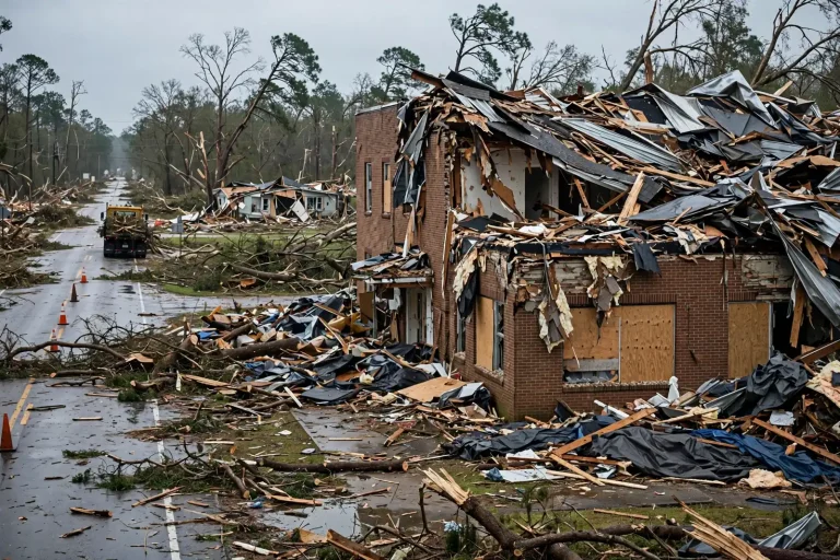 Crews and volunteers clearing storm debris on a rural highway near buildings with torn roofs