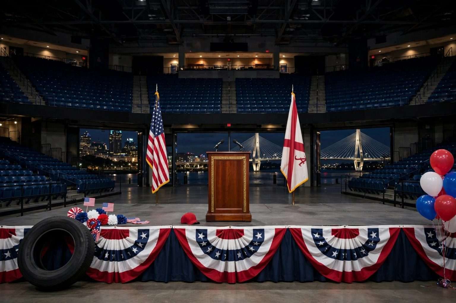 Rows of red, white and blue campaign signs held up in a crowded arena during an evening political rally