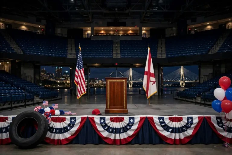 Rows of red, white and blue campaign signs held up in a crowded arena during an evening political rally