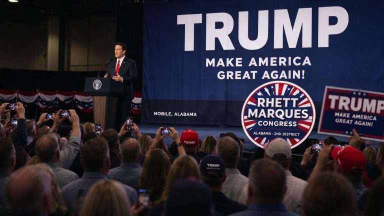 Illustration for the news story: Rhett Marques Thanks Trump at Mobile Rally, Says Figures ‘Caves’ to Radical Left in 2nd District Race