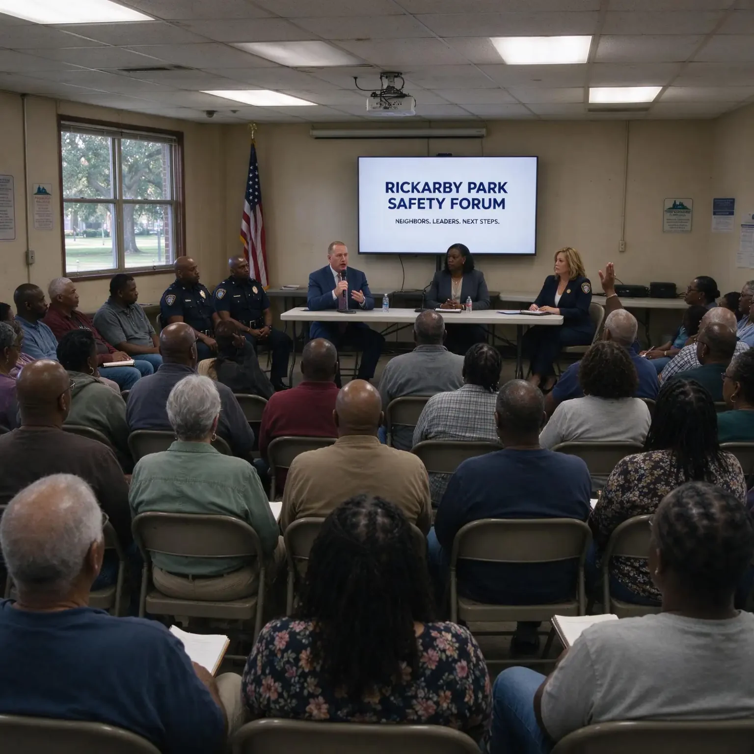Residents seated in folding chairs at a community center meeting listening to city officials at the front of the room