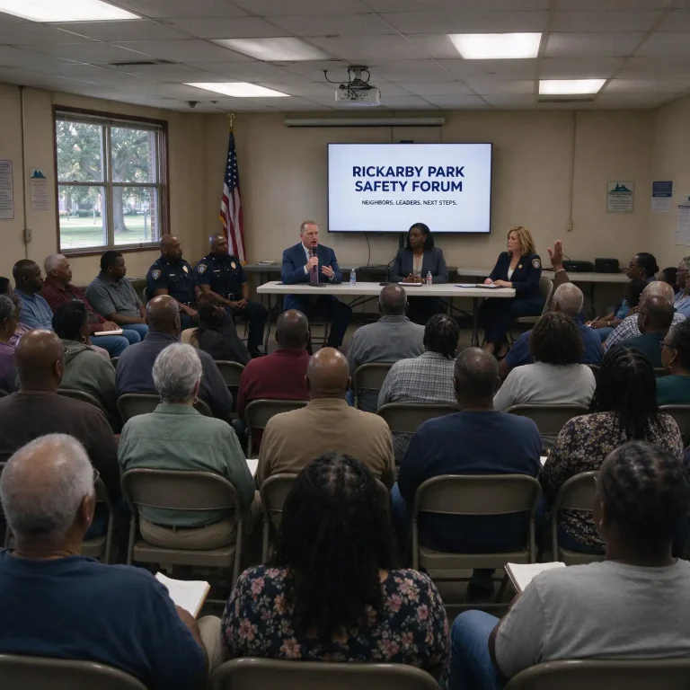 Residents seated in folding chairs at a community center meeting listening to city officials at the front of the room