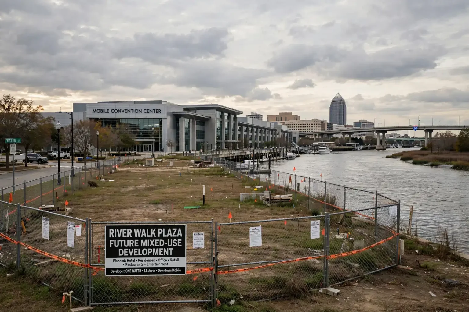 Open waterfront land along the Mobile River beside a convention center in downtown Mobile