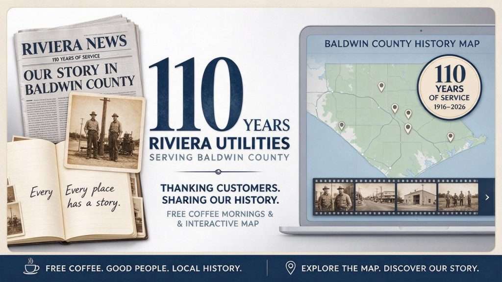Illustration for the news story: Riviera Utilities Marks 110 Years With Free Coffee Mornings and Interactive Baldwin County History Map