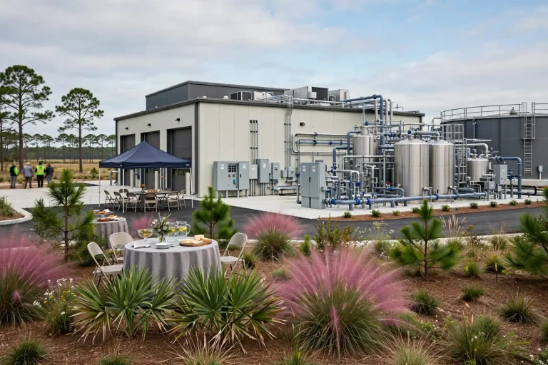 Ribbon-cutting and crowd outside a new water treatment plant with signage and service buildings