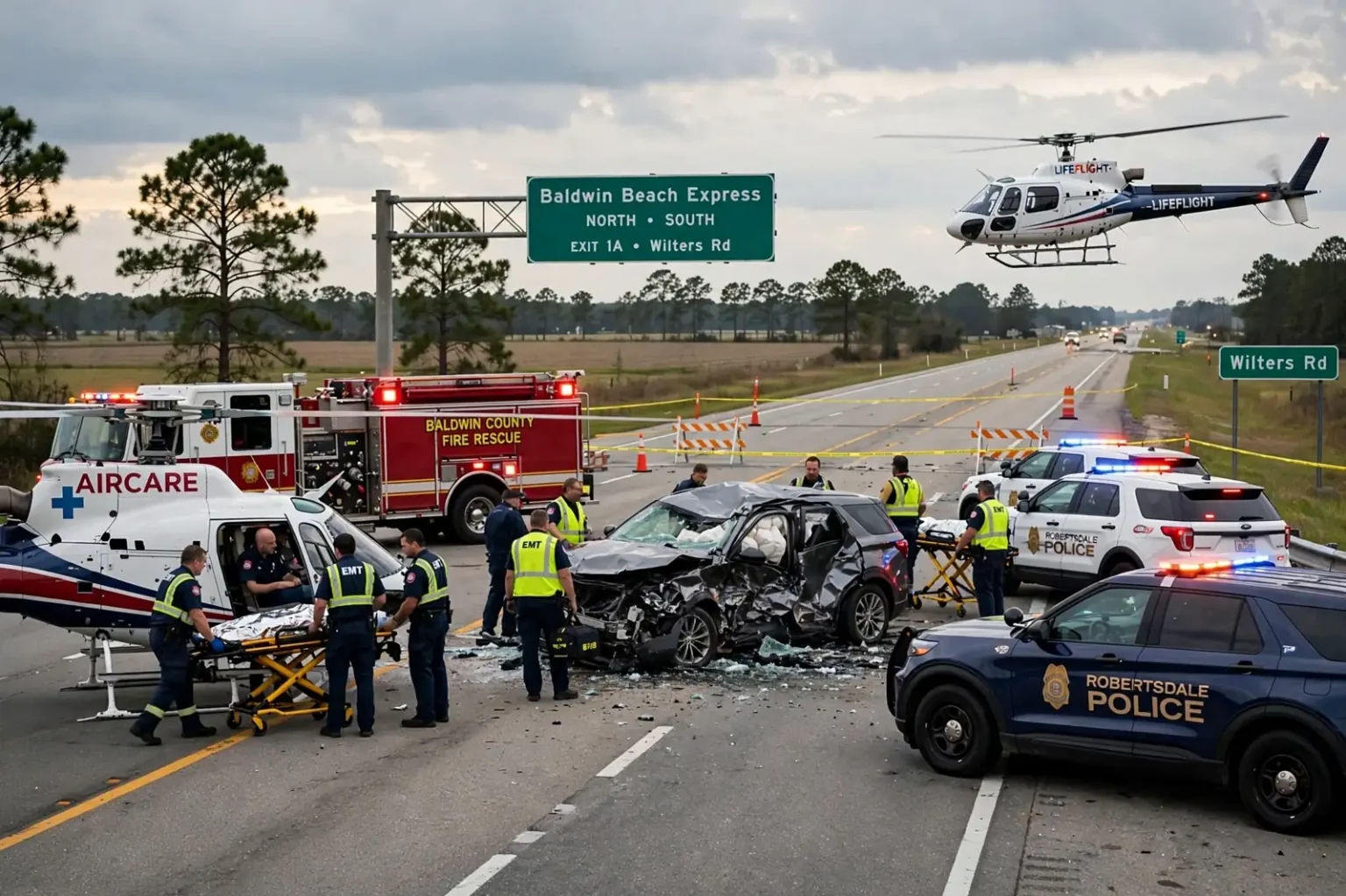 Emergency vehicles and a medical helicopter at a crash scene on a four-lane highway in rural Baldwin County