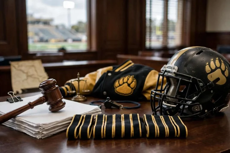 Empty metal team bench on a high school football sideline with helmets resting on it under stadium lights