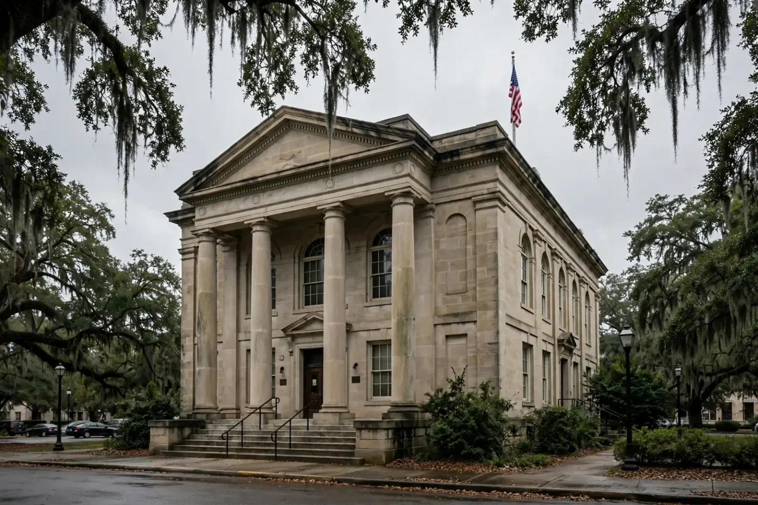 Stone courthouse with columns framed by moss-draped live oaks, illustrating the Rocket Docket murder case in Mobile County