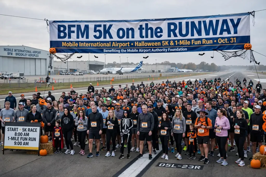 Group of runners racing along a wide airport runway with painted markings in early morning light