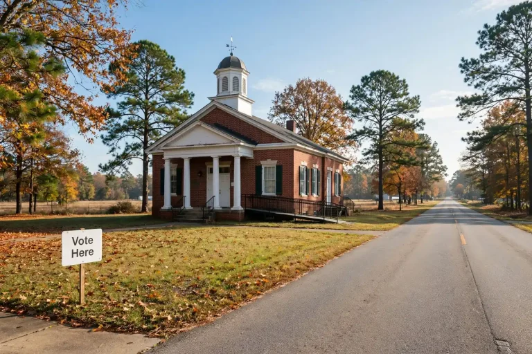 Small-town county courthouse with a Vote Here sign near the sidewalk on a sunny autumn morning