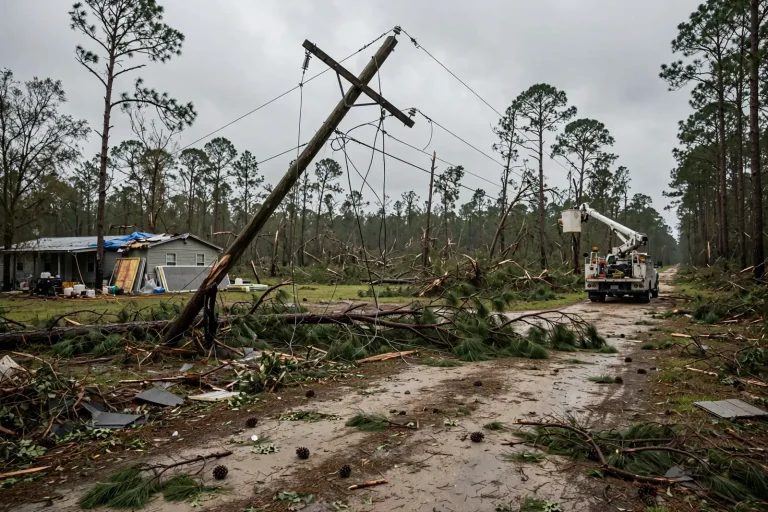 A broken power pole leans over a debris-covered dirt road as a bucket truck crew works near a damaged rural home during Isaias recovery