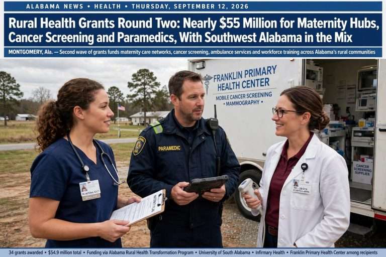 Illustration for the news story: Rural Health Grants Round Two: Nearly $55 Million for Maternity Hubs, Cancer Screening and Paramedics, With Southwest Alabama in the Mix