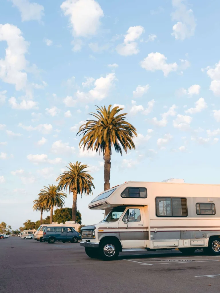 Several motorhomes and camper vans parked in a row in an outdoor lot