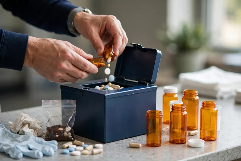 A secure medication drop-off kiosk inside a pharmacy with a hand depositing a bag of old pill bottles