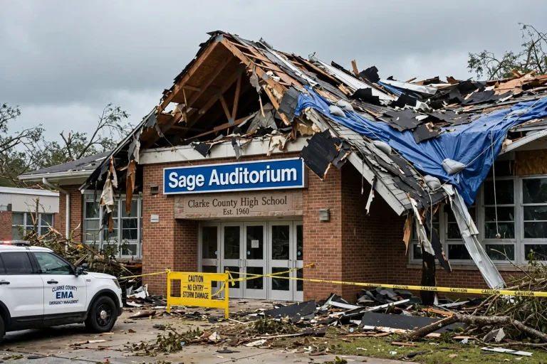 Torn roofing on a school auditorium after Hurricane Isaias in Grove Hill