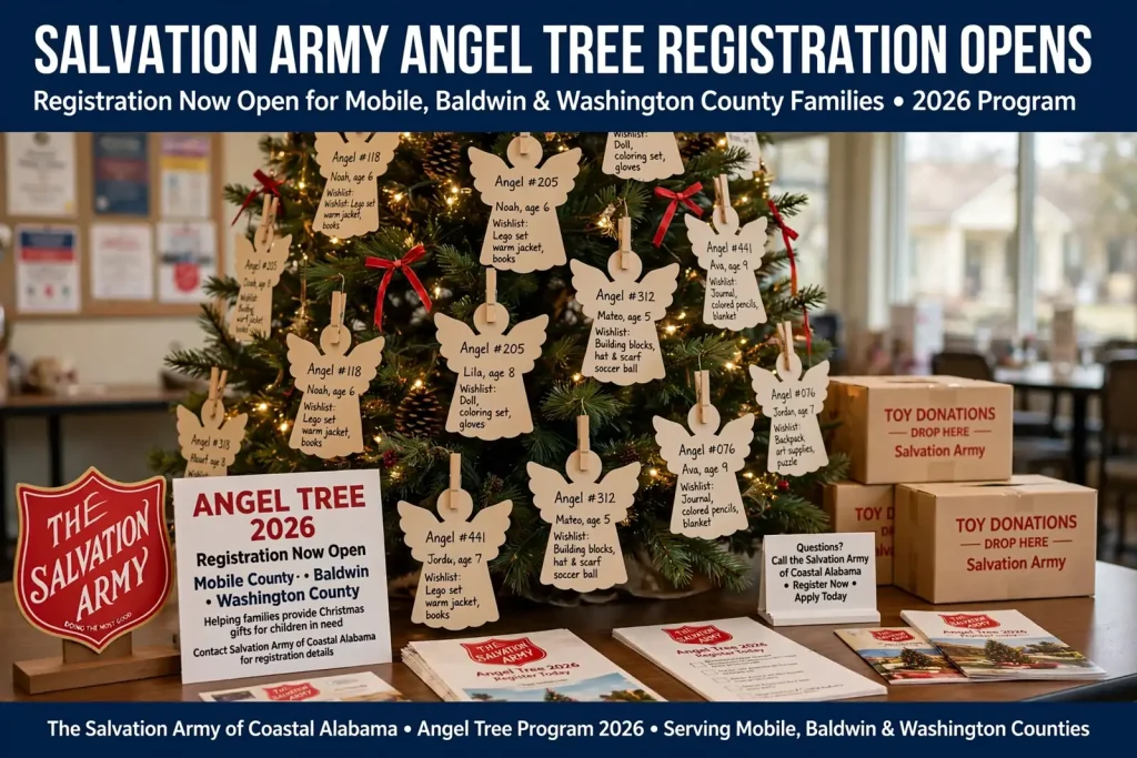 A Christmas tree hung with paper angel tags listing children's holiday wishes
