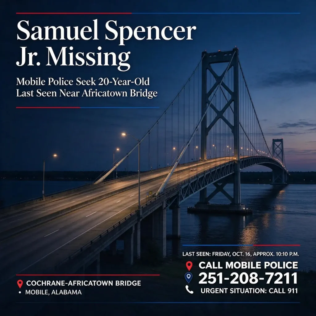 Illuminated bridge over a river at dusk with text about missing man Samuel Spencer Jr. and the Mobile police phone number 251-208-7211