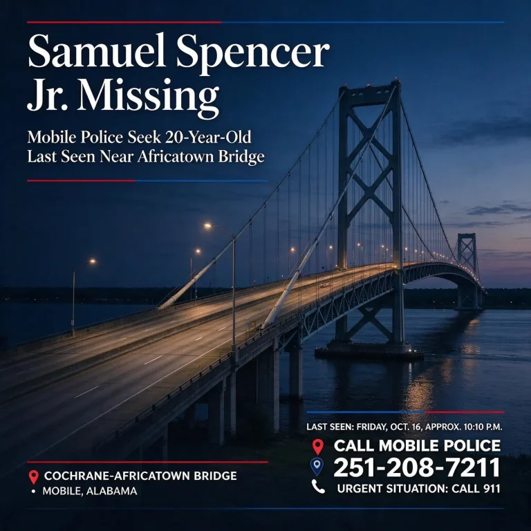 Illuminated bridge over a river at dusk with text about missing man Samuel Spencer Jr. and the Mobile police phone number 251-208-7211