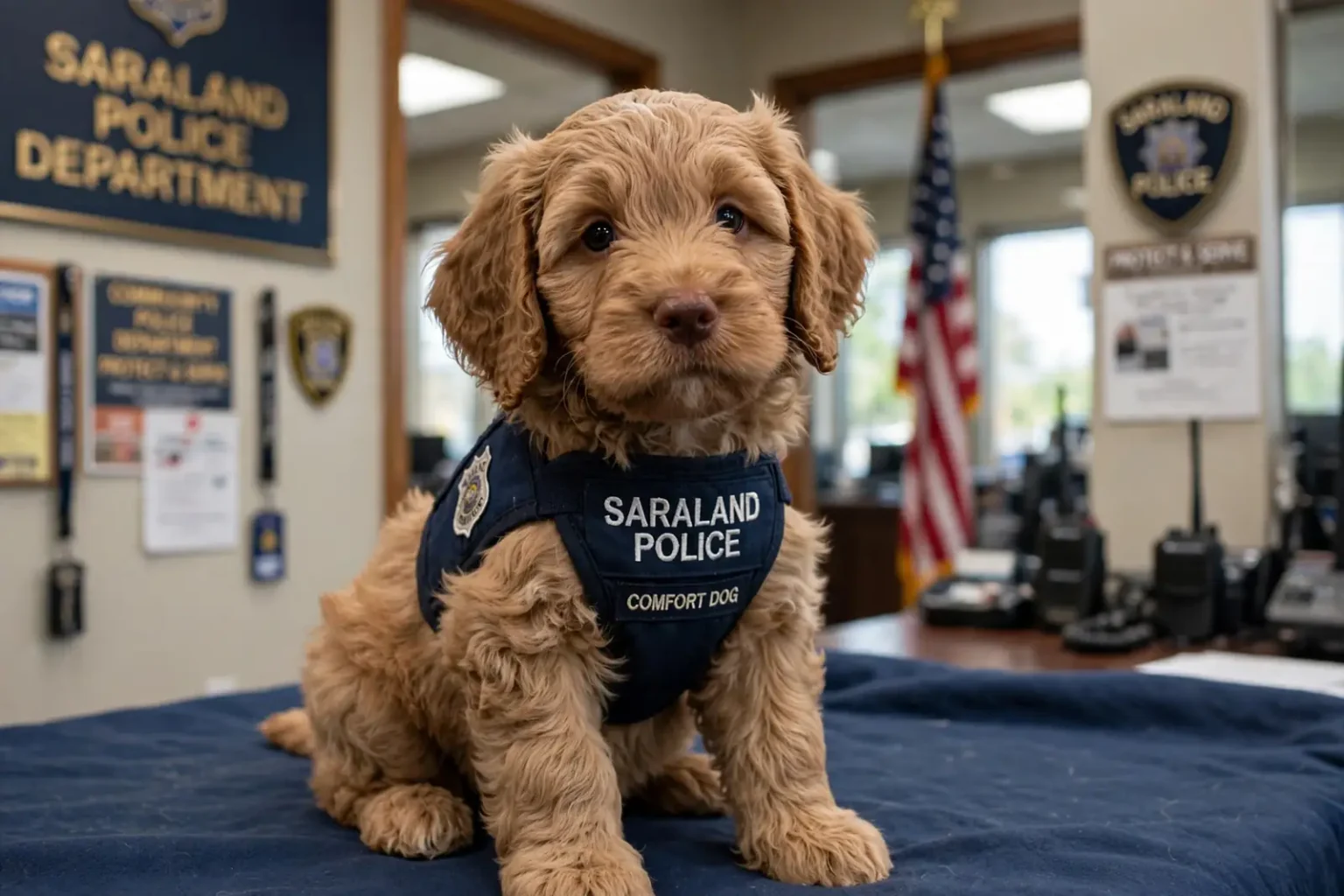 Saraland police puppy Benji, a fluffy Labradoodle wearing a small work vest