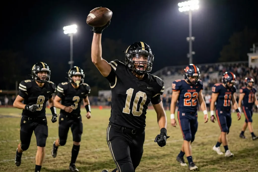 A high school quarterback sets his feet and throws a deep pass from the pocket during a Friday night football game
