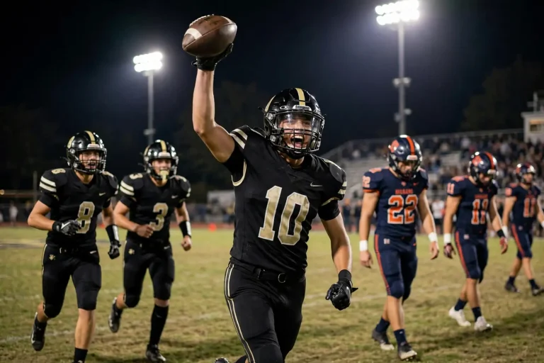 A high school quarterback sets his feet and throws a deep pass from the pocket during a Friday night football game