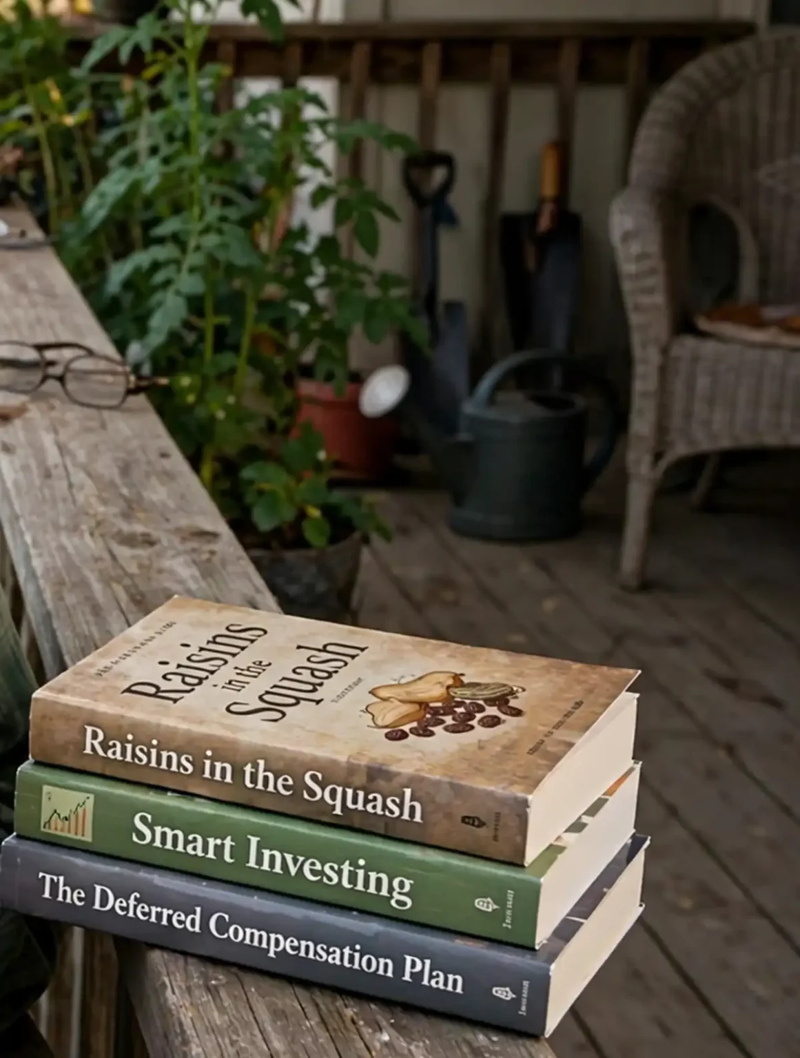 Three books titled Raisins in the Squash, Smart Investing and The Deferred Compensation Plan stacked on a wooden porch railing