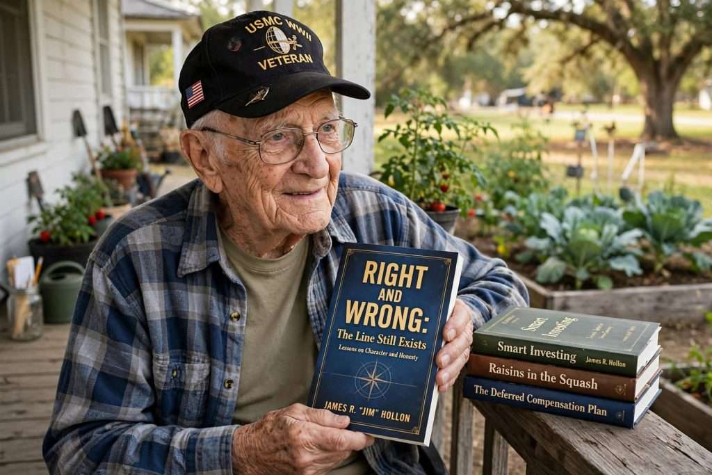 Illustration for the news story: Satsuma Centenarian Author Jim Hollon, 102, Publishes Fourth Book on Character and Honesty