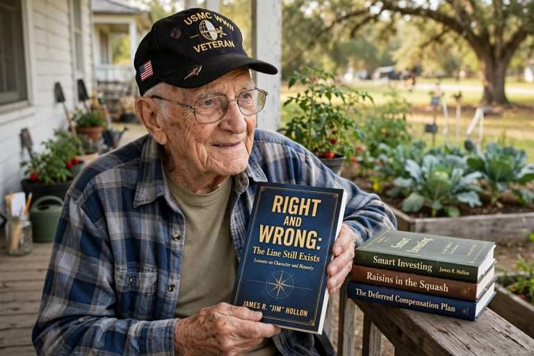 Illustration for the news story: Satsuma Centenarian Author Jim Hollon, 102, Publishes Fourth Book on Character and Honesty