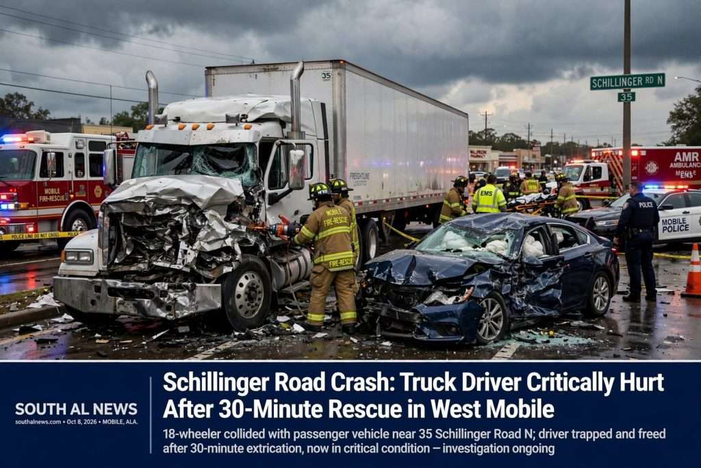 Illustration for the news story: Schillinger Road Crash: Truck Driver Critically Hurt After 30-Minute Rescue in West Mobile