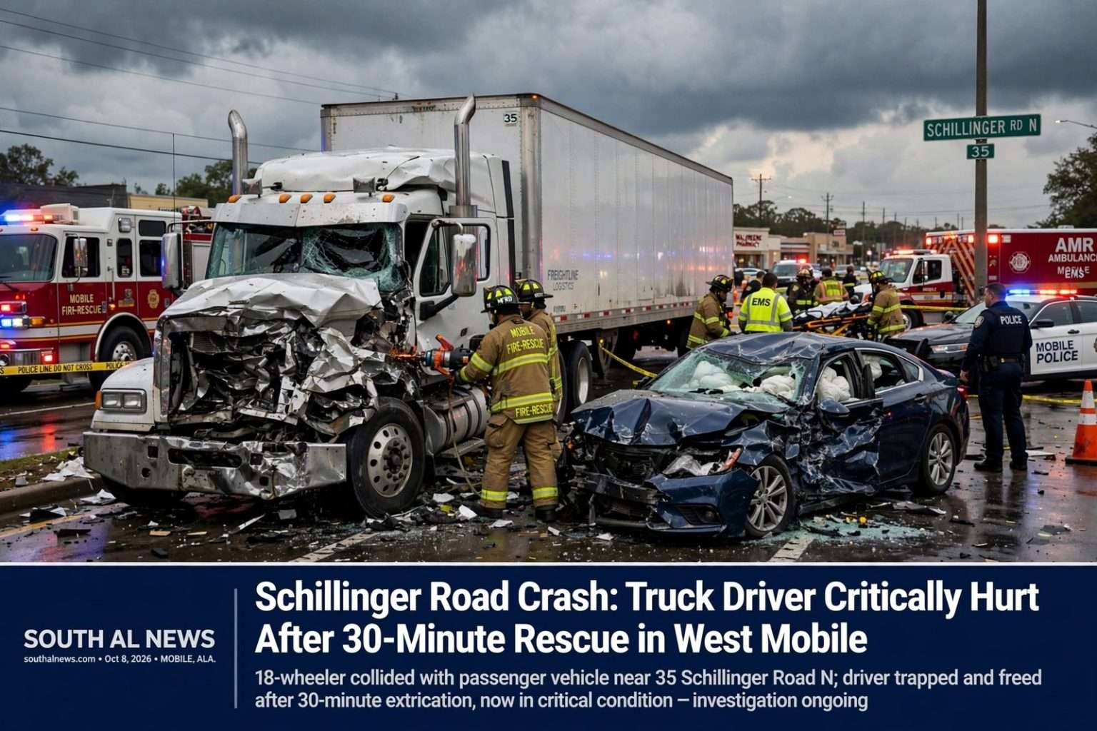 Illustration for the news story: Schillinger Road Crash: Truck Driver Critically Hurt After 30-Minute Rescue in West Mobile