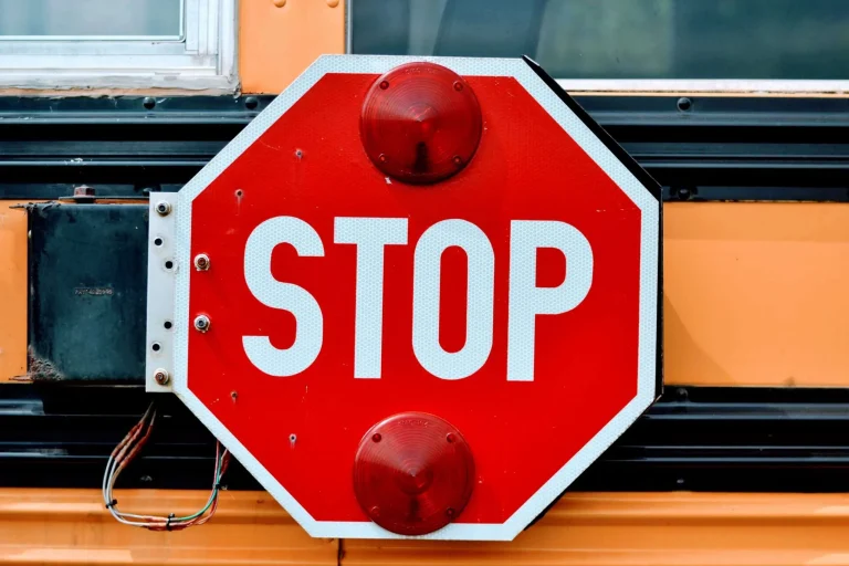 Close-up of a stop sign arm extended on the side of a school bus