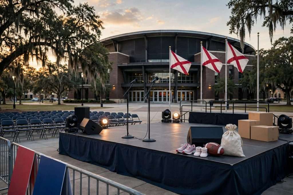 Lectern with a microphone and American flags on a stage under bright lights before an evening political rally