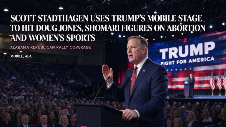 Illustration for the news story: Scott Stadthagen Uses Trump’s Mobile Stage to Hit Doug Jones, Shomari Figures on Abortion and Women’s Sports