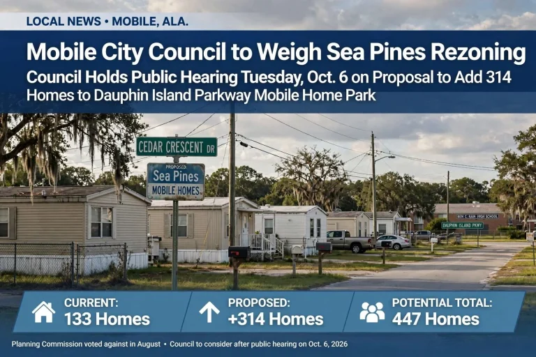 Mobile homes along Cedar Crescent Drive near Ben C. Rain High School with figures on the Sea Pines rezoning request