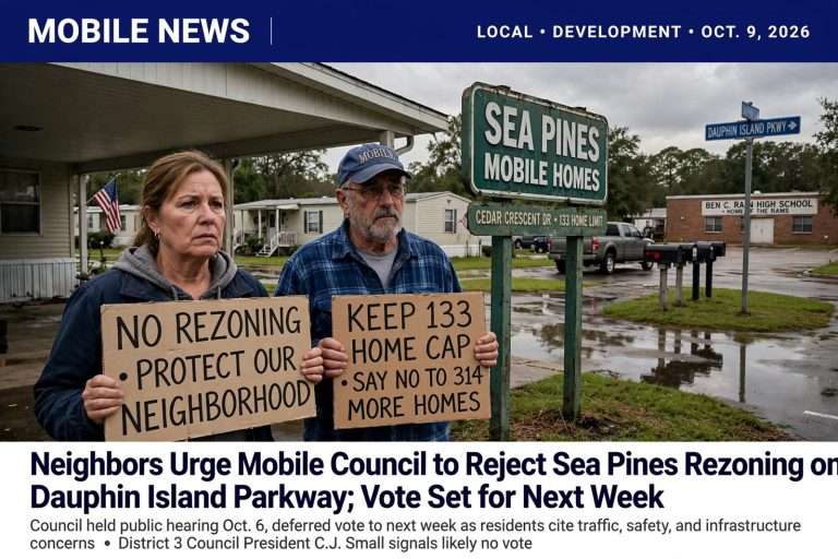 Illustration for the news story: Neighbors Urge Mobile Council to Reject Sea Pines Rezoning on Dauphin Island Parkway; Vote Set for Next Week