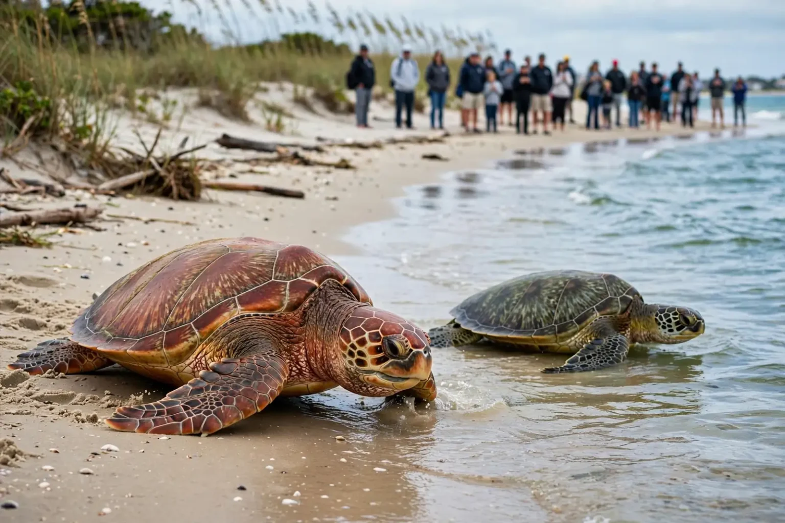A loggerhead sea turtle crawling across wet sand toward the surf on a Dauphin Island beach
