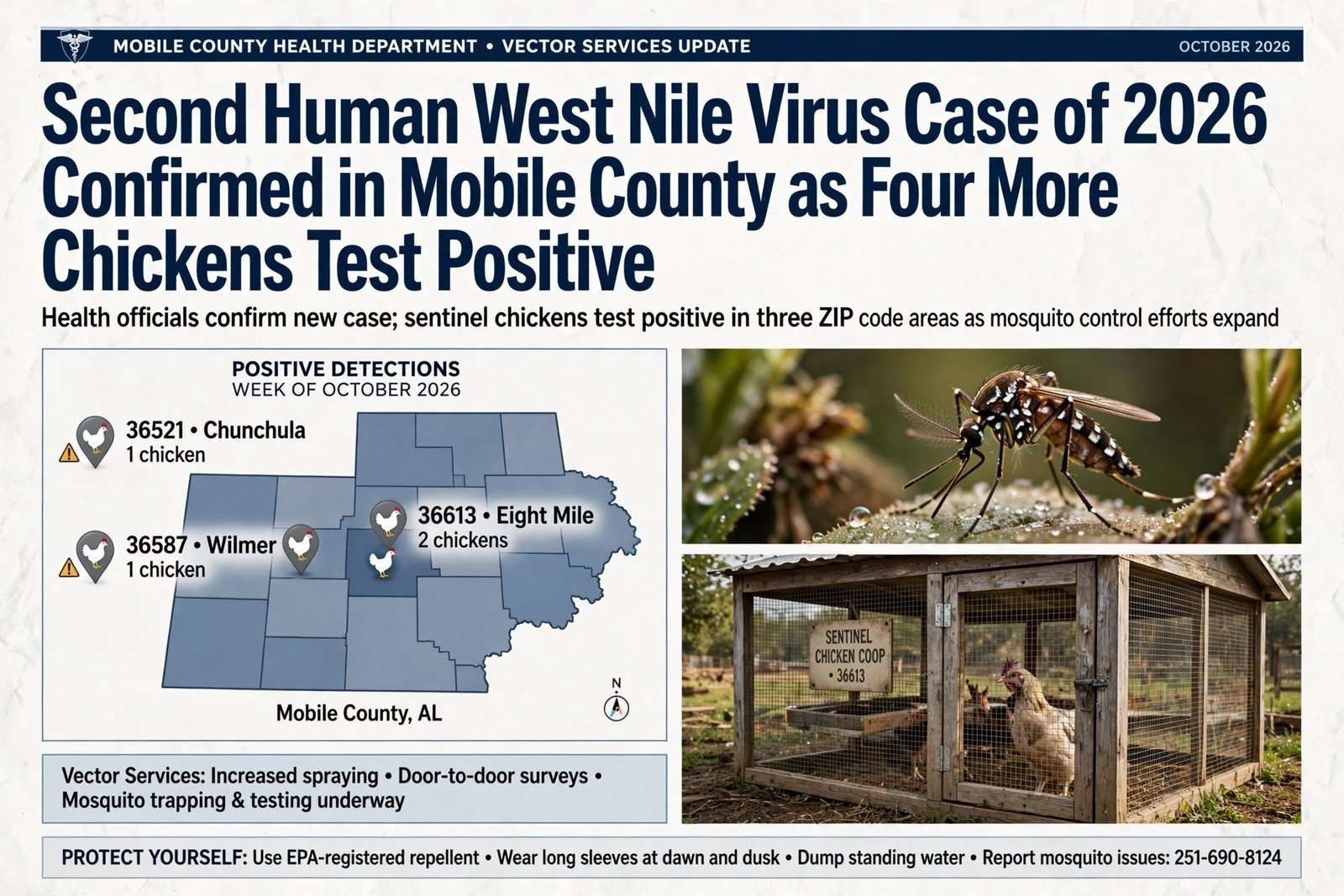 Illustration for the news story: Second Human West Nile Virus Case of 2026 Confirmed in Mobile County as Four More Chickens Test Positive