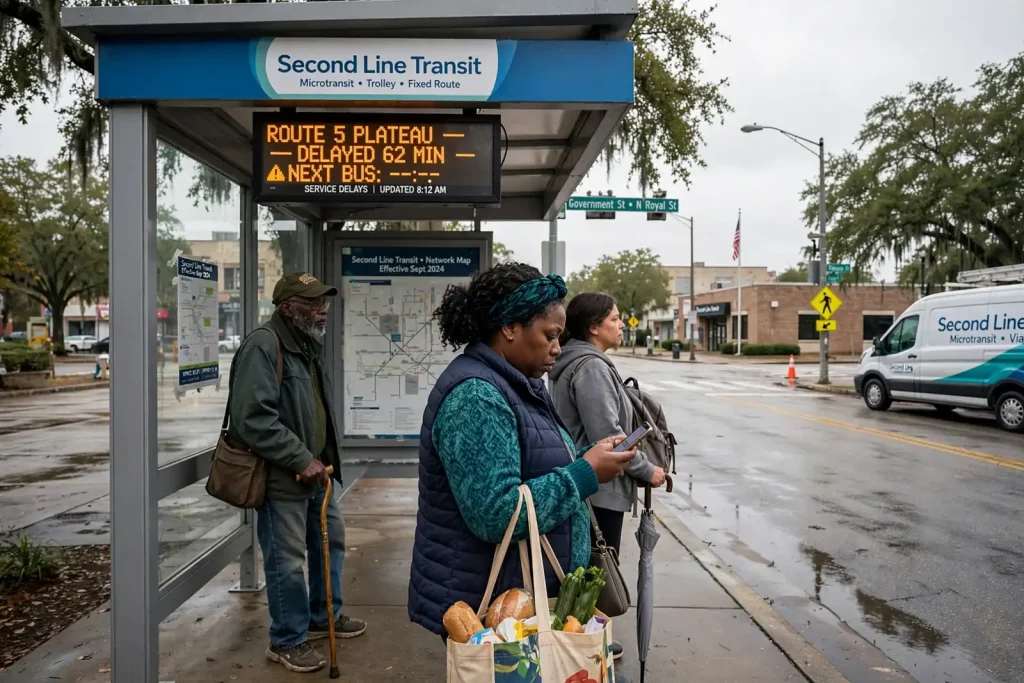 A public transit bus pulling up to a stop on a Mobile street as riders wait