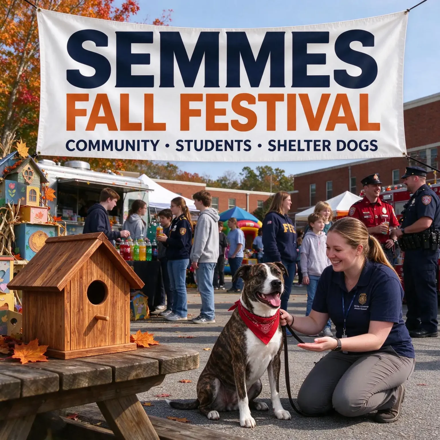 Families walking among booths, a bounce house and a friendly adoptable dog on a leash at an outdoor fall festival on a school campus