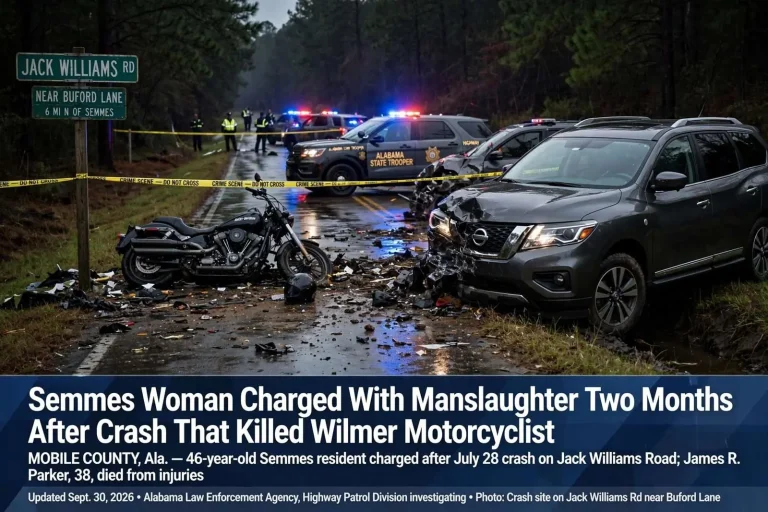 Illustration for the news story: Semmes Woman Charged With Manslaughter Two Months After Crash That Killed Wilmer Motorcyclist