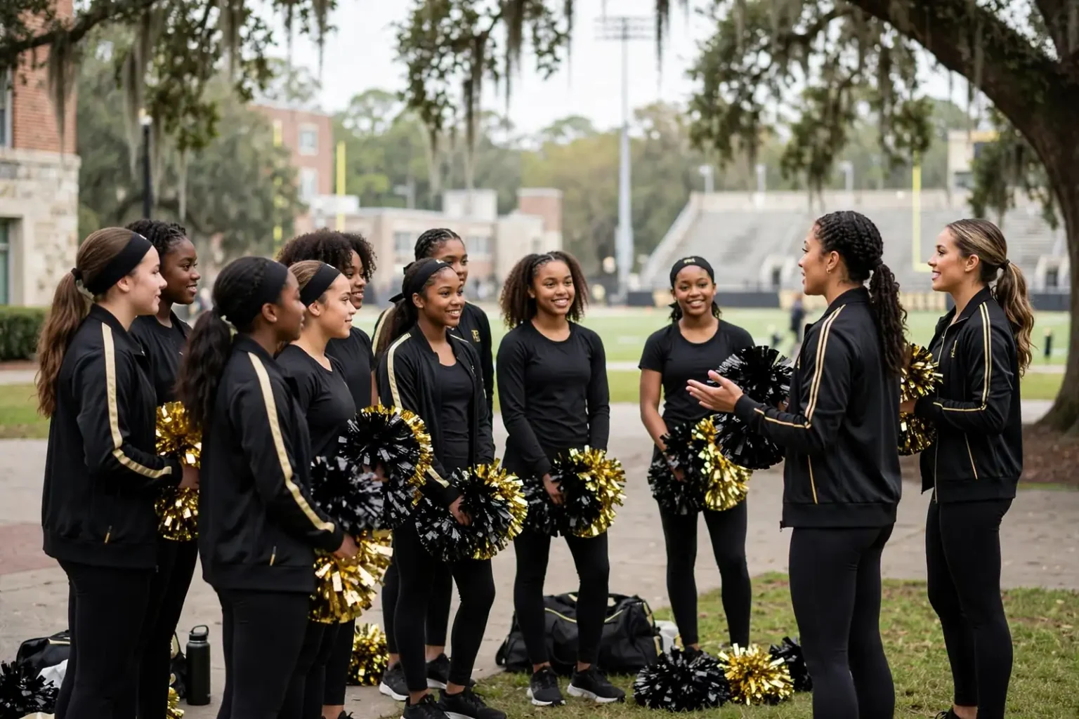 Young cheerleaders and dancers holding pom-poms practice a routine on a football field