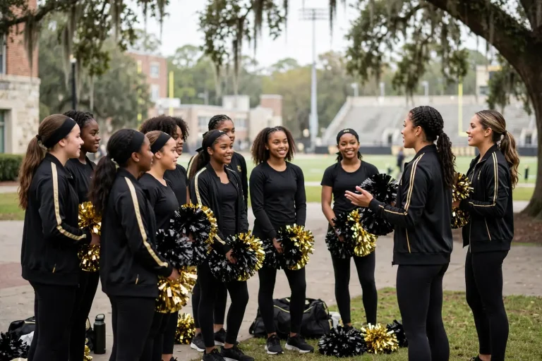 Young cheerleaders and dancers holding pom-poms practice a routine on a football field