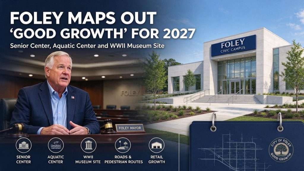 Illustration for the news story: Senior Center, Aquatic Center and a WWII Museum Site: Foley Mayor Maps Out ‘Good Growth’ for 2027